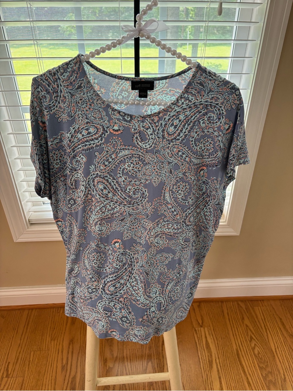 J. Jill Short-Sleeve Paisley Tee in Blue with Coral and Mint Accents